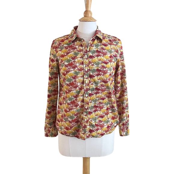 Talbots Cotton Long Sleeve Roll Tab Button Down, Fall, Trees, Autumn, Size SP - Picture 1 of 13